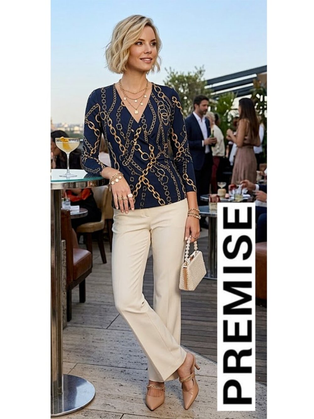 (3 for $30) PREMISE - wrap top (navy blue/gold chain print)